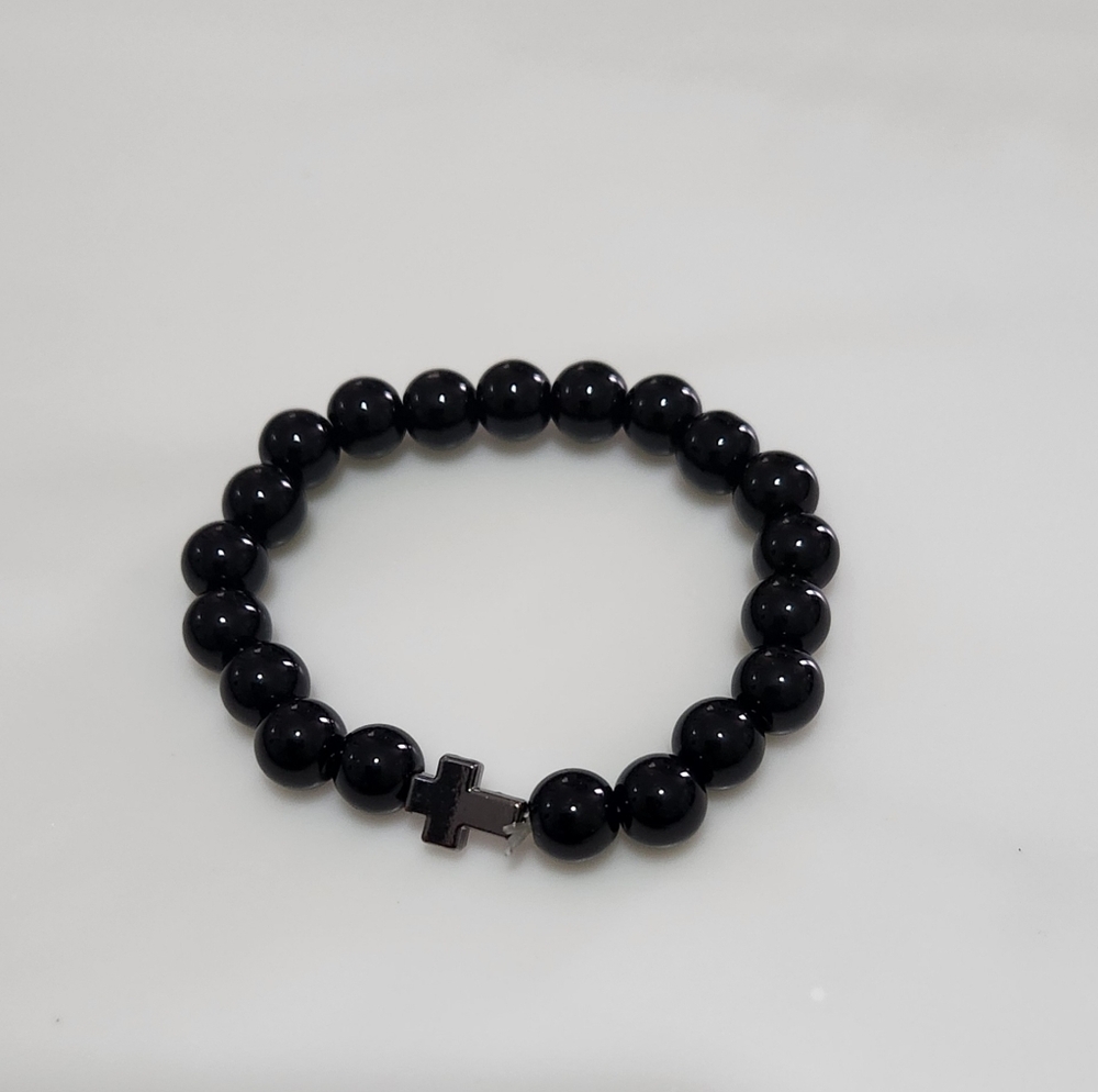 Men/Women Black Ceramic Bead Streatchy Bracelet with Cross